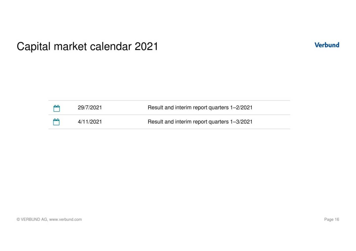 Verbund - Capital market calendar 2021