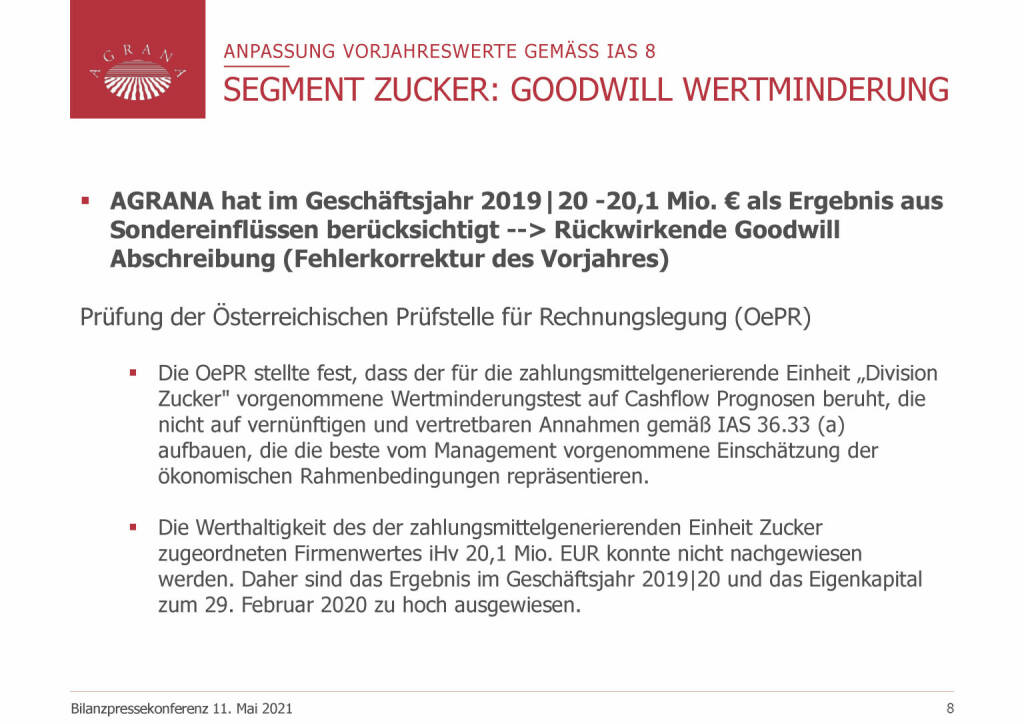 Agrana - Segment Zucker: Goodwill Wertminderung (20.05.2021) 