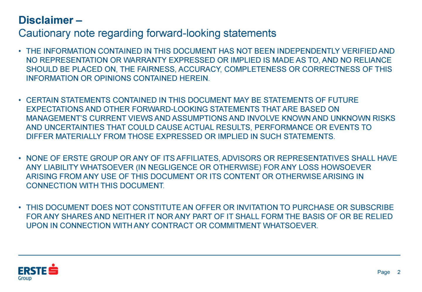 Erste Group - Disclaimer