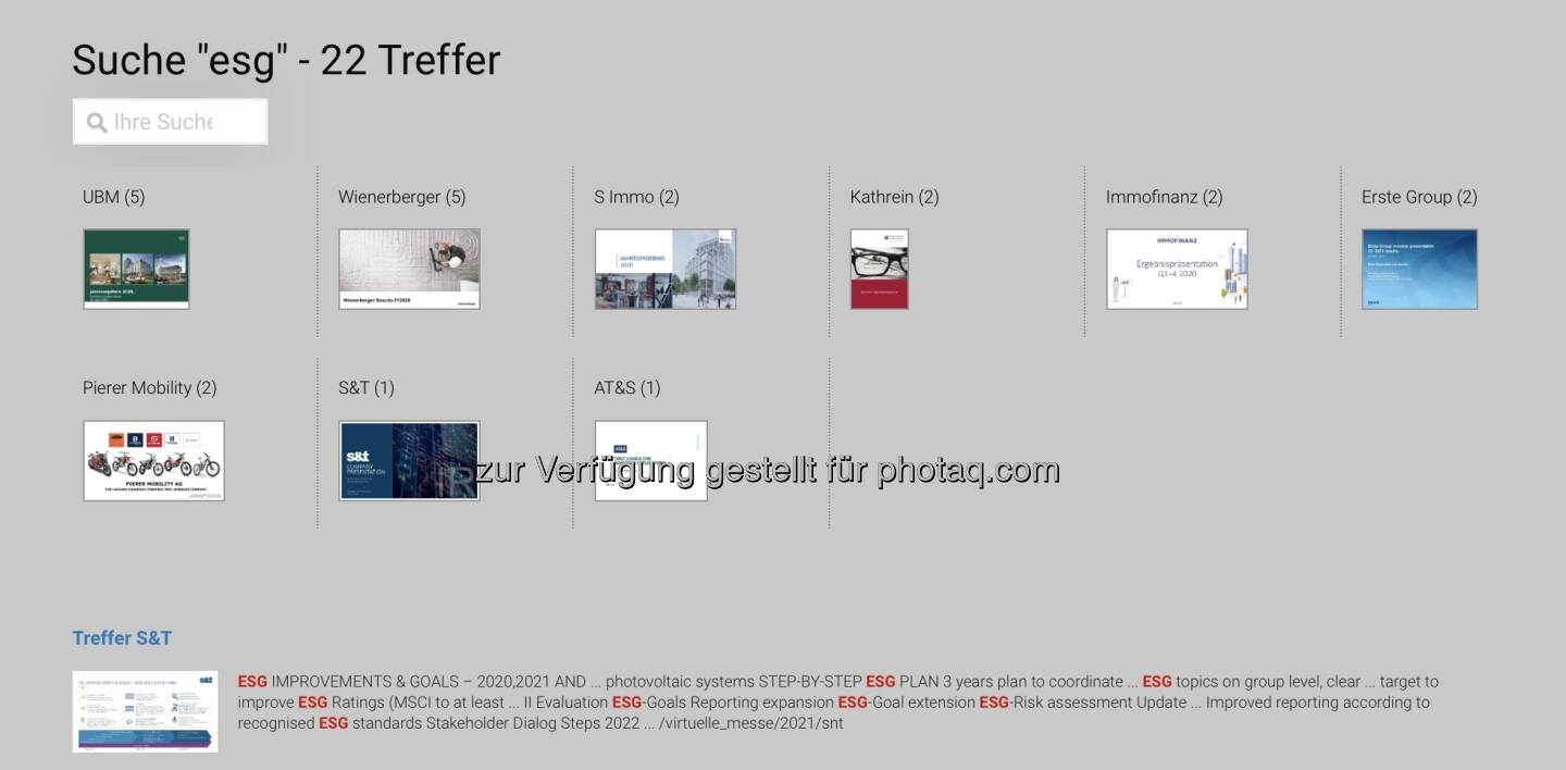 Hier am Beispiel ESG : Die Suche in der Austrian Visual Worldwide Roadshow