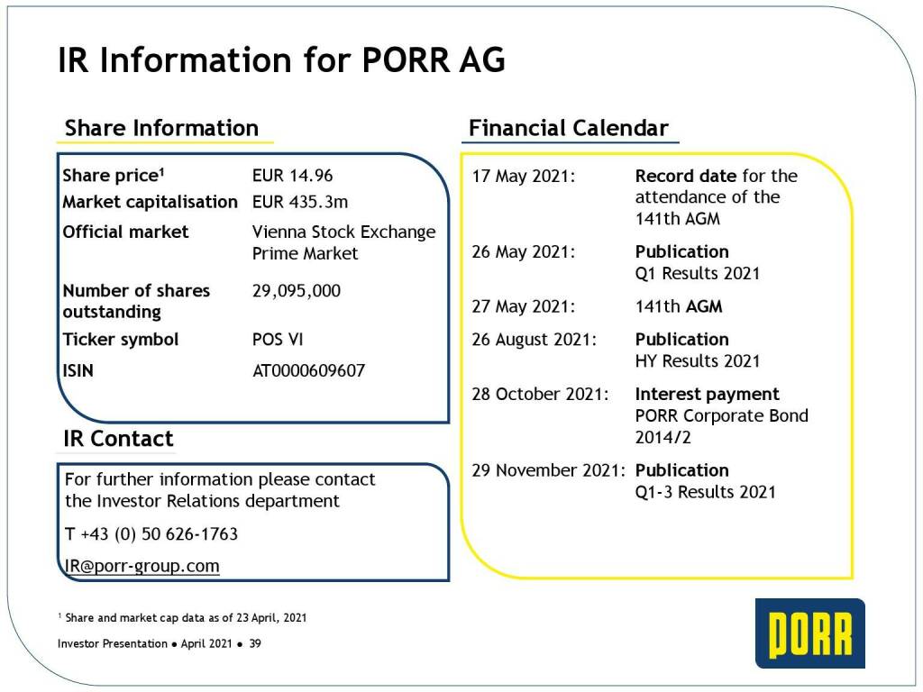 Porr - IR information for Porr AG (31.05.2021) 