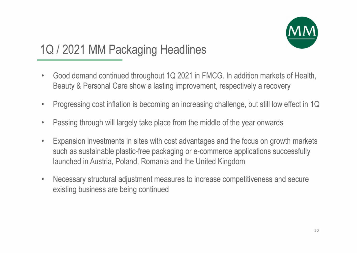 Mayr-Melnhof - 1Q / 2021 MM Packaging Headlines