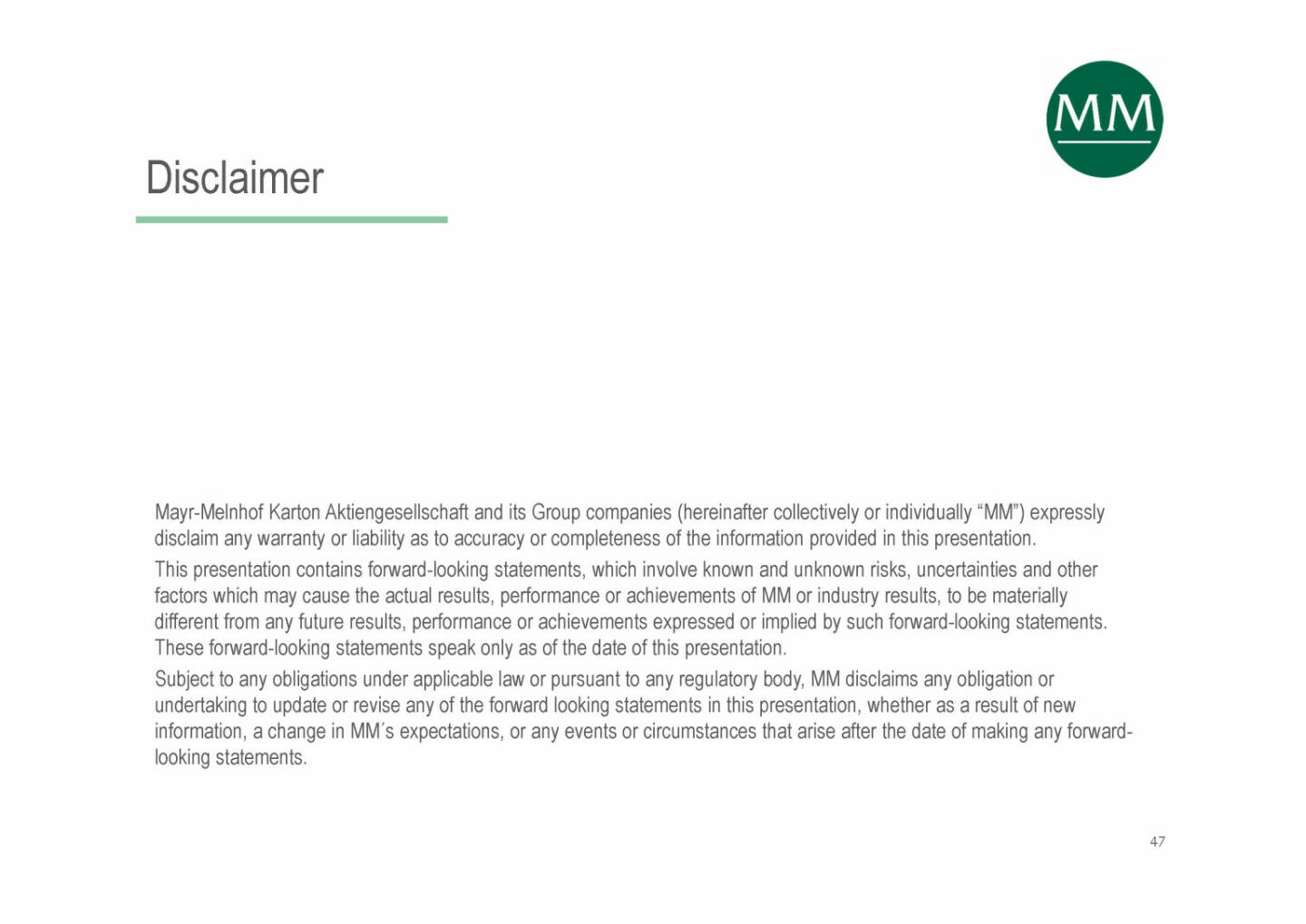 Mayr-Melnhof - Disclaimer