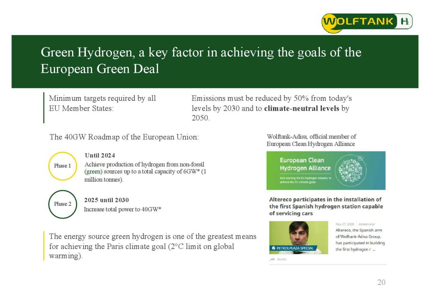 Wolftank - Green Hydrogen, a key factor in achieving the goals of the European Green Deal