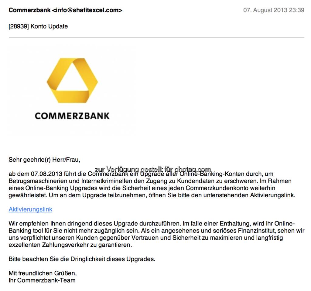 Commerzbank als Spam-Opfer mit interessanter Absender-Adresse (08.08.2013) 