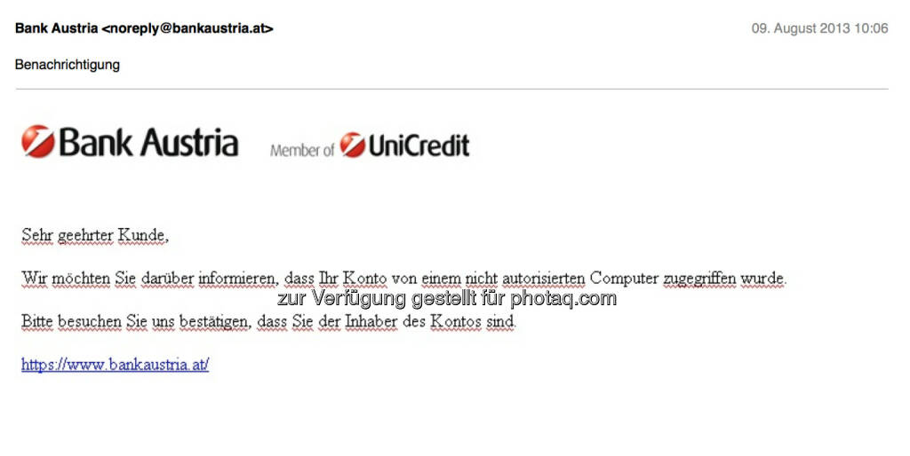 Bank Austria als Spamopfer in fragwürdigem Deutsch (09.08.2013) 