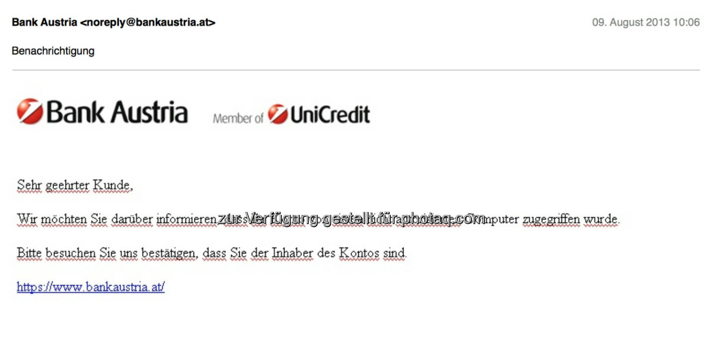 Bank Austria als Spamopfer in fragwürdigem Deutsch