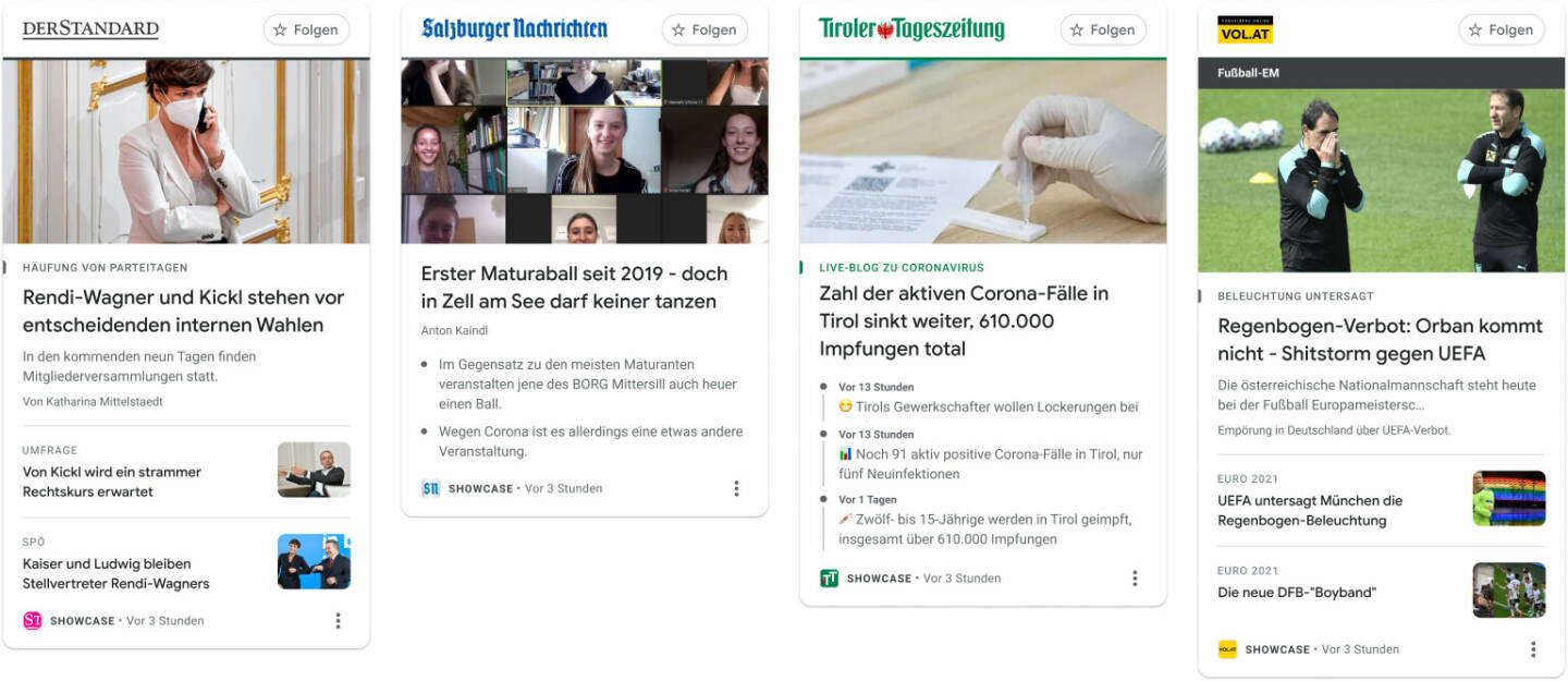 Google Austria: Google News Showcase startet in Österreich als 9. Land weltweit, Ein Beispiel dafür, wie News Showcase Panels bei einigen Google News Showcase Partnern in Österreich aussehen; Credit: Google