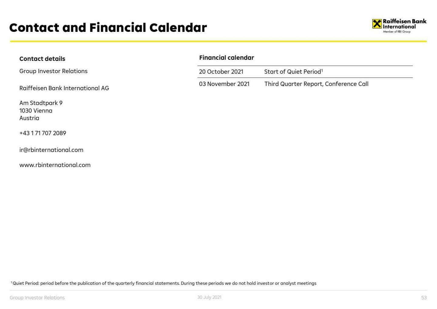 RBI - Contact and financial calendar