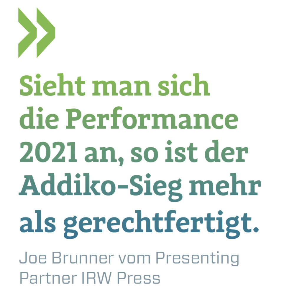 Sieht man sich die Performance 2021 an, so ist der Addiko-Sieg mehr als gerechtfertigt.
Joe Brunner vom Presenting Partner IRW Press (09.08.2021) 