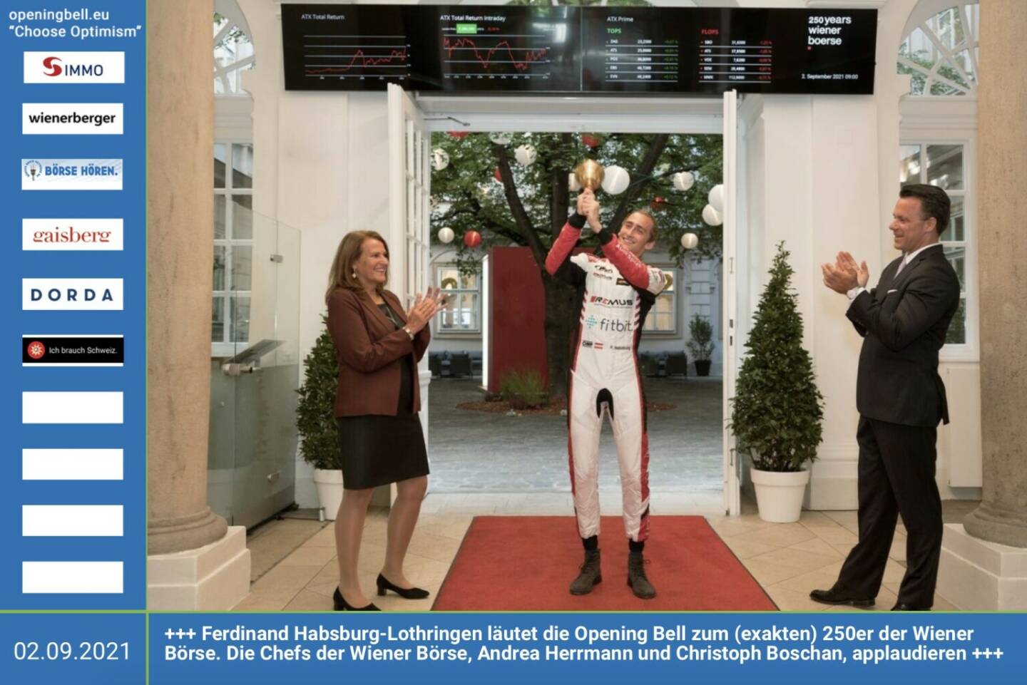 2.9.: Ferdinand Habsburg-Lothringen läutet die Opening Bell zum (exakten) 250er der Wiener Börse. Die Chefs der Wiener Börse, Andrea Herrmann und Christoph Boschan, applaudieren http://www.wienerborse.at http://www.boersegeschichte.at