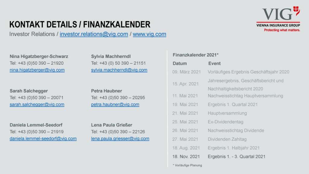 VIG - Kontakt details / Finanzkalender (08.09.2021) 