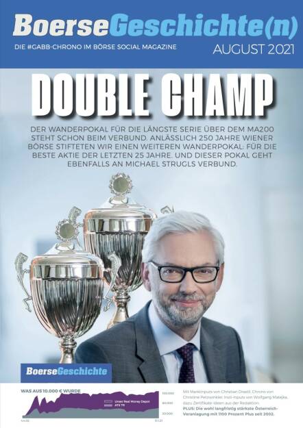 Double Champ - Der Wanderpokal für die längste Serie über dem MA200 steht schon beim Verbund. Anlässlich 250 Jahre Wiener Börse stifteten wir einen weiteren Wanderpokal: Für die beste Aktie der letzten 25 Jahre. Und dieser Pokal geht ebenfalls an Michael Strugls Verbund. (12.09.2021) 