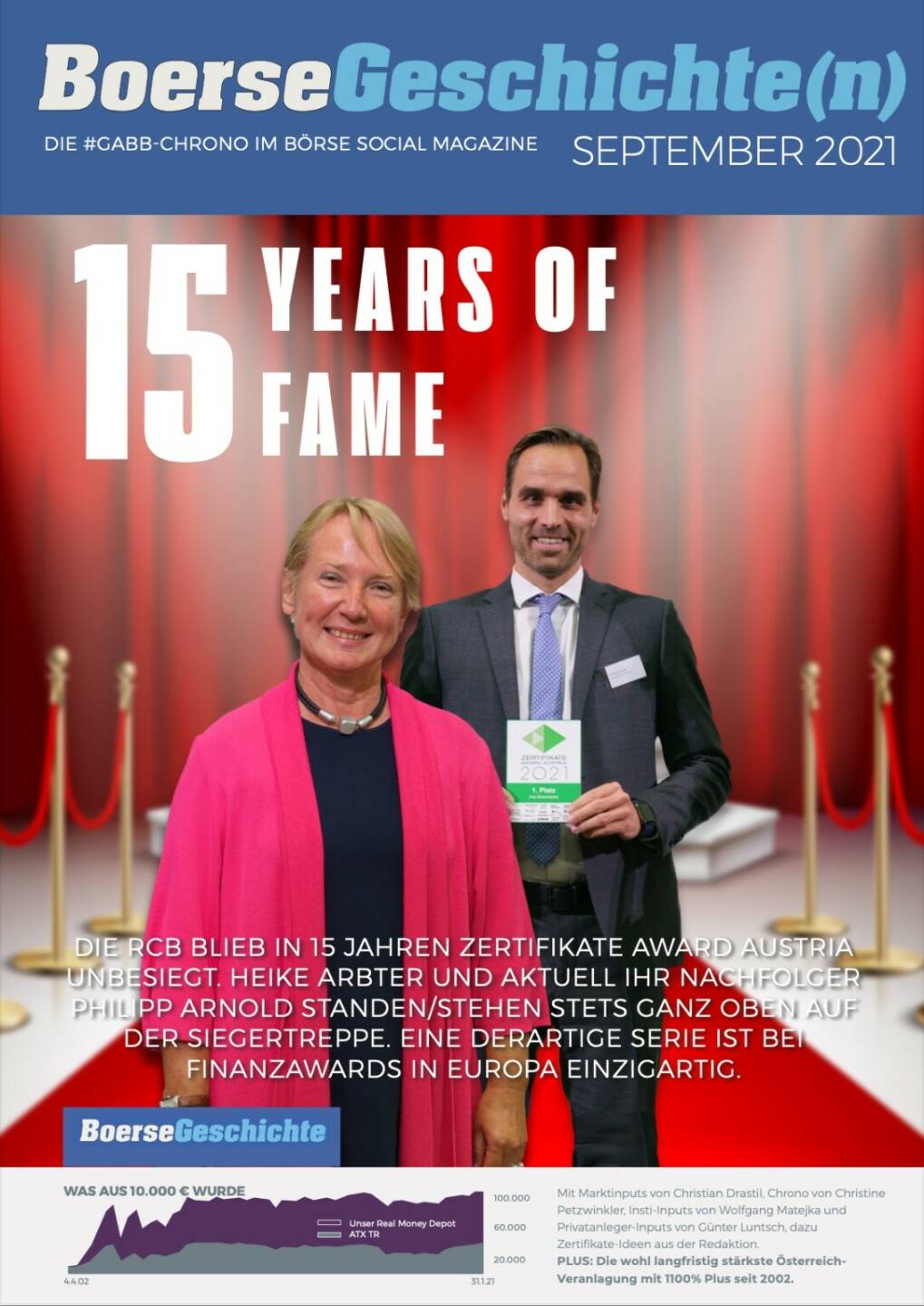 15 Years of Fame - Die RCB blieb in 15 Jahren Zertifikate Award Austria unbesiegt. Heike Arbter und aktuell ihr Nachfolger Philipp Arnold standen/stehen stets ganz oben auf der Siegertreppe. Eine derartige Serie ist bei Finanzawards in Europa einzigartig.