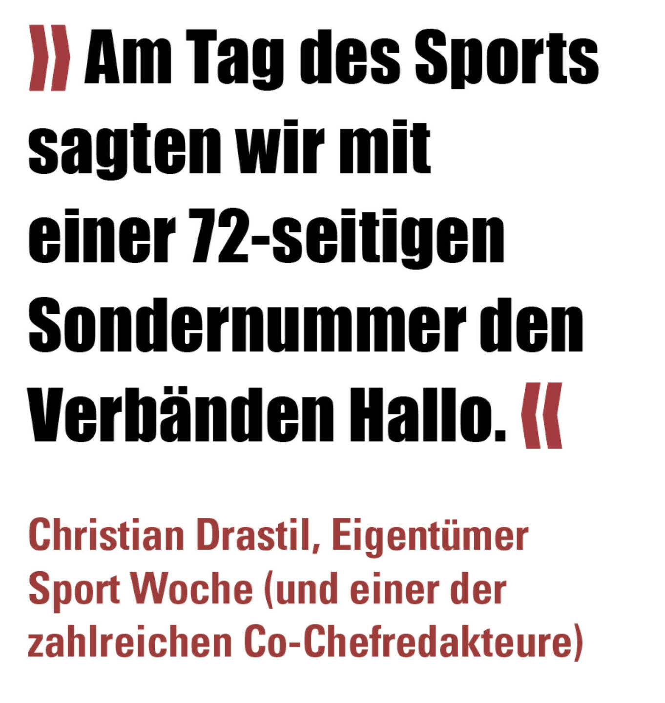 » Am Tag des Sports sagten wir mit einer 72-seitigen Sondernummer den Verbänden Hallo. «
Christian Drastil, Eigentümer Sport Woche (und einer der zahlreichen Co-Chefredakteure) 