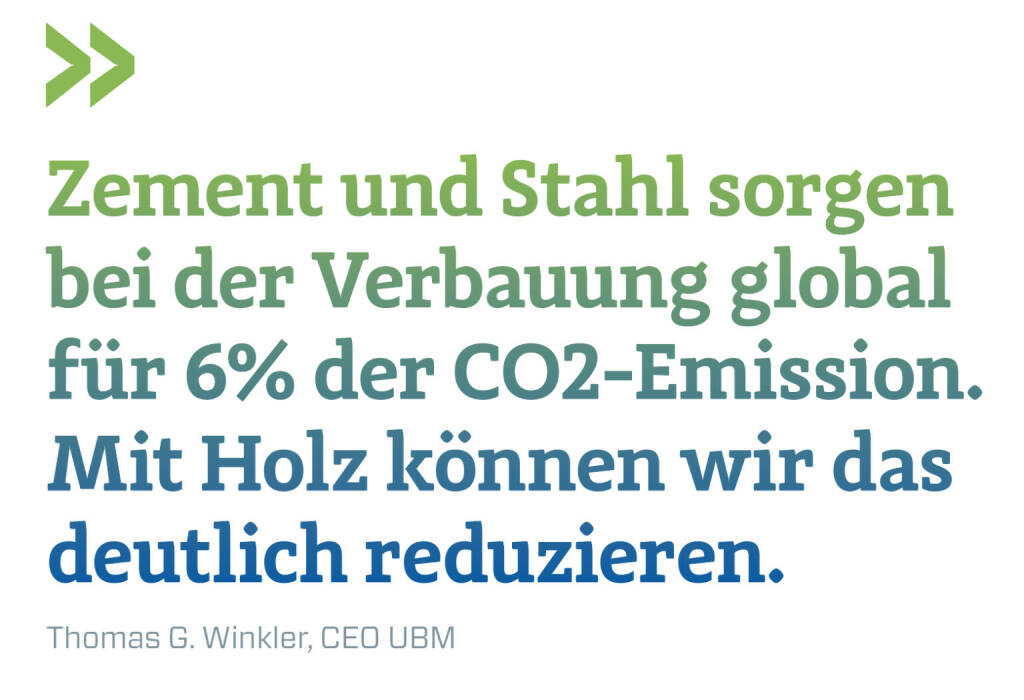 Zement und Stahl sorgen bei der Verbauung global für 6% der CO2-Emission. Mit Holz können wir das deutlich reduzieren.
Thomas G. Winkler, CEO UBM  (22.11.2021) 