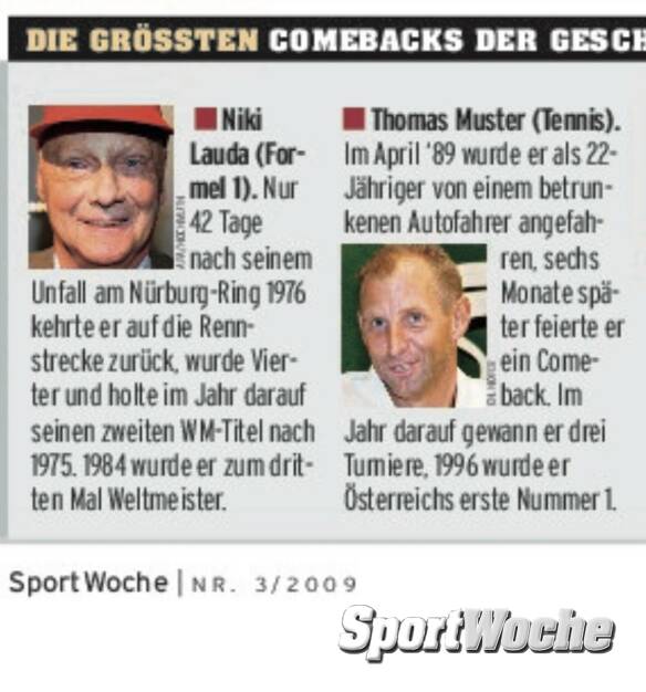 02.10.2021: #sportgeschichte: Ich habe das Archiv durchsucht. Nur einmal standen #nikilauda und #thomasmuster in der #sportwoche nebeneinander. Mit den grössten #comebacks der #sportgeschichte . Mit heutigem Datum gibt es für beide Besonderes: Niki Lauda wird 1977 nach dem Feuerunfall 1976 & der WM-Niederlage gegen #jameshunt zum 2. Mal @f1 Weltmeister und Tom hat Geburtstag. , © Bilder aus der SportWoche (08.12.2021) 