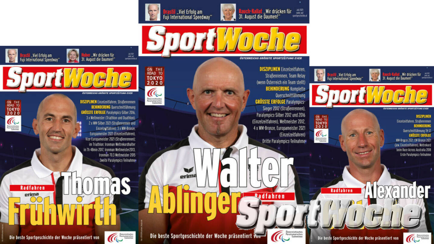 31.08.2021: #sportgeschichte : @austrian_paralympic_committee holt bei den Handbikern das komplette Medaillenset, hier unser Siegerbild auf Basis der #sportwoche #coverposter: Thomas Frühwirth (Silber), @walterablinger (Gold) und Alexander Gritsch (Bronze) 