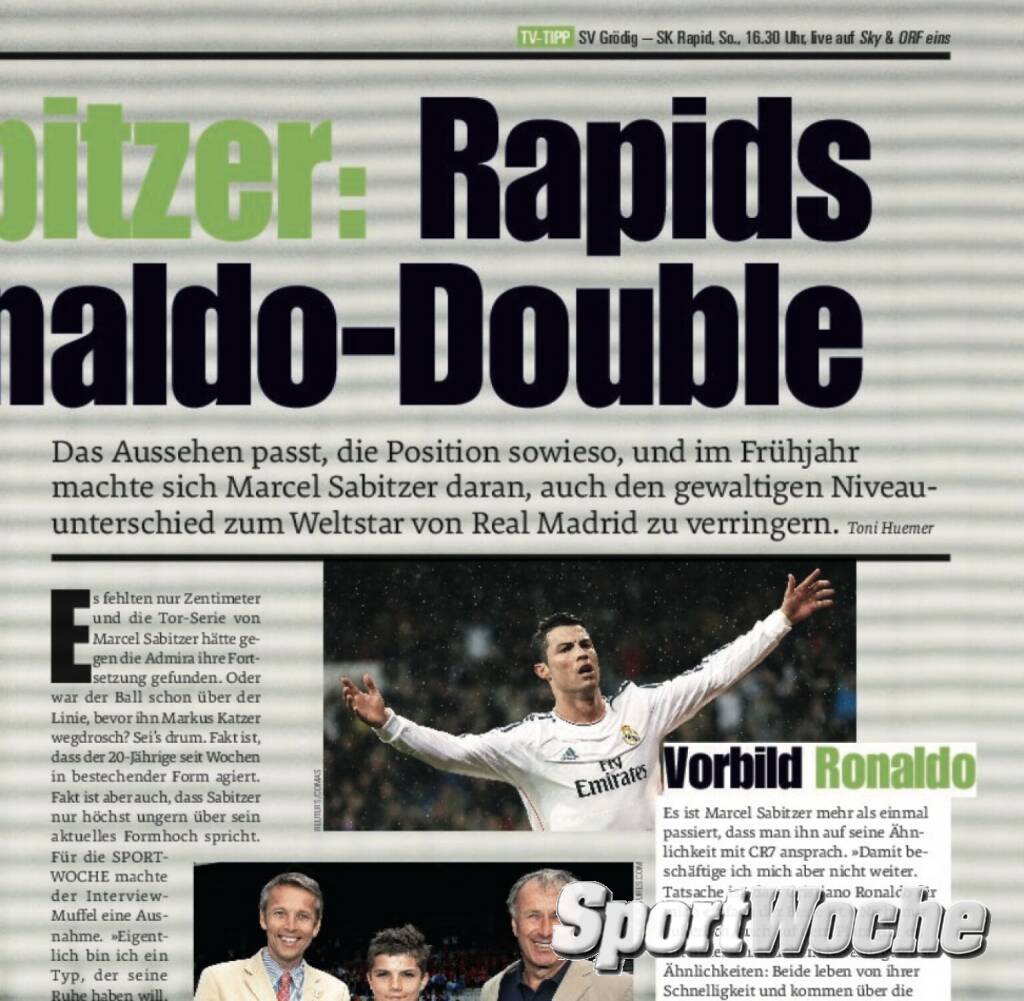 31.08.2021: #sportgeschichte: 2014 schrieb die #sportwoche in Bezug auf @marcel7sabitzer von @skrapid1899 @cristiano double. Der Weg führte über @fcredbullsalzburg , @rbleipzig zum @fcbayern VOR 5 SEKUNDEN , © Bilder aus der SportWoche (08.12.2021) 