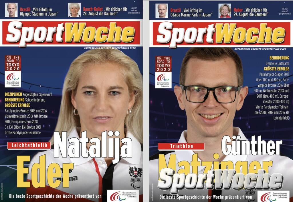 24.08.2021: #sportgeschichte: @natalijaeder und @guenthermatzinger sind sich einig:„ Ein Höhepunkt in unserer Karriere“. Die Speerwerferin und der Triathlet werden bei der Eröffnungsfeier der @paralympics in @tokyo2020 heute Abend die rot-weiß-rote Fahne tragen und das @austrian_paralympic_committee Team ins Kasumigaoka National Stadion führen. , © Bilder aus der SportWoche (08.12.2021) 