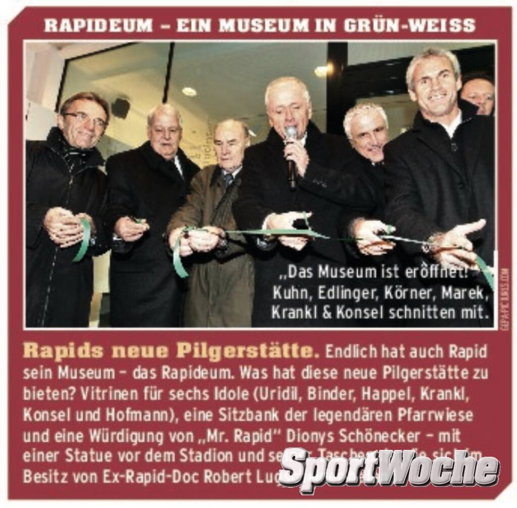 29.04.2021: #sportgeschichte @skrapid1899 Miterfinder #dionysschönecker wäre heute 133 Jahre alt. Vor zehn Jahren feierten u.a. @rudolfedlinger #michaelkonsel @hans_krankl9#alfredkörner @andymarek.official die Einweihung des #rapideum, die #sportwoche berichtete Aufruf: Unter dem Motto Wir sind stolz auf Österreichs Sportgeschichte suchen wir Partner - ab der nächsten Ausgabe des Börse Social Magazine (http://www.boerse-social.com/magazine) wird es fix auf den letzten Seiten (und umgedreht) mind 15 Seiten Sport Woche im Original Layout geben. Wir suchen dazu bis zu 100 Partner, die bis Jahresende je 500 Euro zzgl. Steuern einwerfen. Leistungen werden u.a. sein: - 1/2 Sujet Werbung - Logoplatz in Print und online - ein zugemailter Text: „Wie wir bei XY den Sport unterstützen“ - Free Abo des Printprodukts Wer bisher dabei ist: http://www.sportgeschichte.at/wall Mailto:christian.drastil@sportgeschichte.at , © Bilder aus der SportWoche (08.12.2021) 