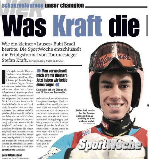 06.01.2022: #sportgeschichte: Heute vor 7 Jahren endete mit @kraftstefan die davor 7-jährige Siegesserie des #oesv in der #vierschanzentournee . Es gewannen @wolf_loitzl01 , @andreas_kofler19 , @thomasmorgenstern , 2x @gregorschlierenzauer , @thomasdiethart und eben #stefankraft . @krafti.fan@stefankraftfanpages@thomasmorgensternfanpage@gregorschlierenzauer_fans@volksbank @mannerfriends@mannerwien , © Bilder aus der SportWoche (06.01.2022) 