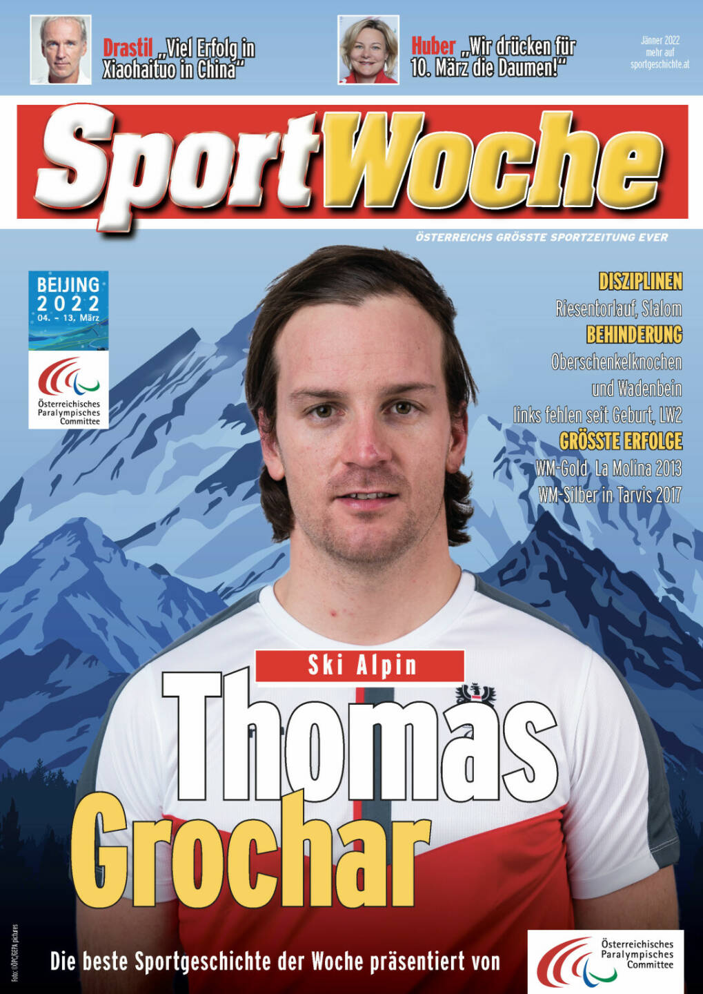 Thomas Grochar - Disziplinen Riesentorlauf, Slalom, Behinderung: Oberschenkelknochen und Wadenbein links fehlen seit Geburt, LW2, Größte Erfolge WM-Gold  La Molina 2013, WM-Silber in Tarvis 2017