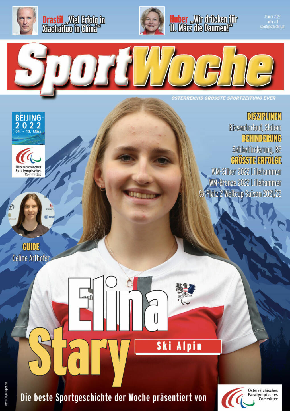 Elina Stary - Disziplinen Riesentorlauf, Slalom, Behinderung: Sehbehinderung, B2, Größte Erfolge WM-Silber 2022 Lillehammer, WM-Bronze 2022 Lillehammer, 5x Platz 2 Weltcup Saison 2021/22
