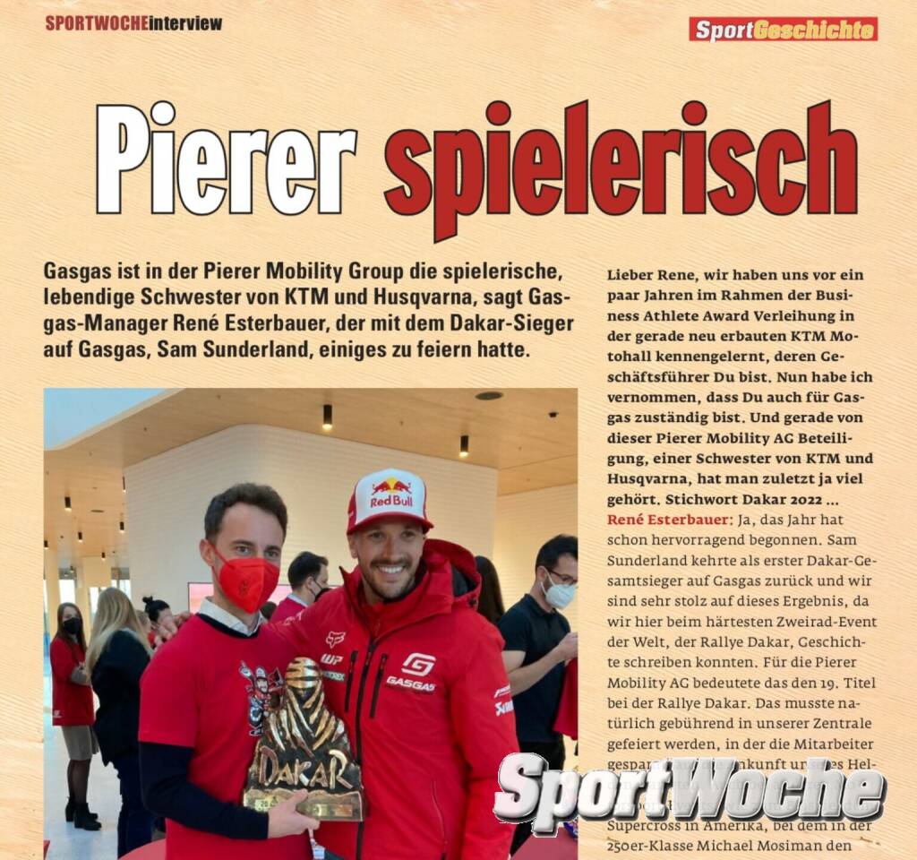 19.02.2022: Im neuen #sportwoche Printteil haben wir u.a. ein Interview mit @reneesterbauer , der bei @pierermobility für @gasgas.official zuständig ist und sich mit @sundersam über grosse Erfolge freuen kann #ktm #husqvarna #gasgas#pierermobility @ktmmotohall , insgesamt haben wir diesmal eine 20-Seiten-Strecke im http://www.boerse-social.com/magazine , © Bilder aus der SportWoche (20.02.2022) 