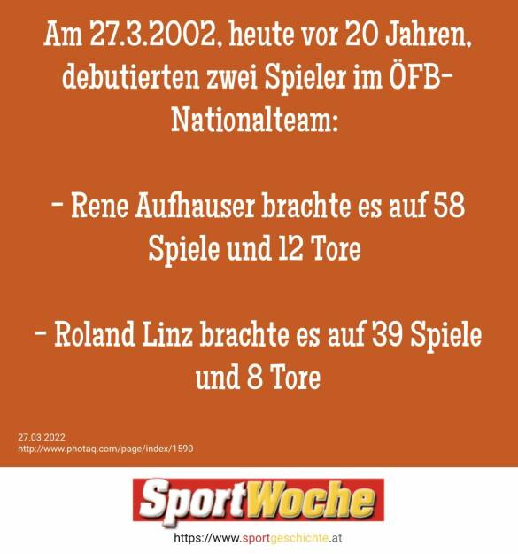 Am 27.3.2002, heute vor 20 Jahren, debutierten zwei Spieler im @oefb_1904 - Nationalteam: #reneaufhauser brachte es auf 58 Spiele und 12 Tore , #rolandlinz brachte es auf 39 Spiele und 8 Tore . @_redbull_salzburg @fkaustriawien  (27.03.2022) 