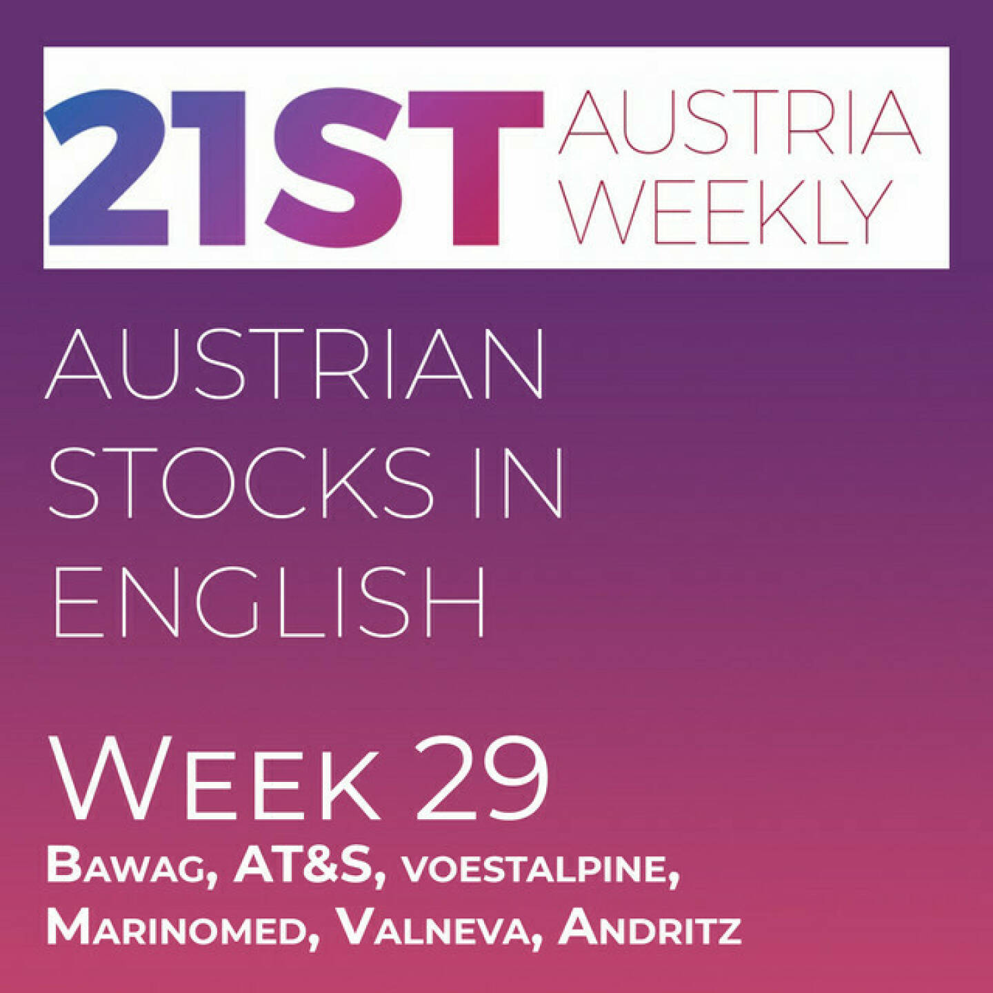 https://open.spotify.com/episode/7uWMHpmhSDdrNyEkpUM0Qf
Austrian Stocks in English, Week 29: Bawag, AT&S, voestalpine, Marinomed, Valneva, Andritz - <p>Welcome to &#34;Austrian Stocks in English - presented by Palfinger&#34;, the new and weekly english spoken Summary for the Austrian Stock Market, positioned every Sunday in the mostly german languaged Podcast &#34;Christian Drastil - Wiener Börse, Sport Musik und mehr&#34; (http://www.christian-drastil.com/podcast). We saw a strong ATX TR this week, the Index gained 2,83% to 6.208.points. Year-to-date the ATX TR is now at minus 20,9%. Best-performers this were were Bawag  with plus 13,65% in front of AT&amp;S plus 10,97% and voestalpine plus 7,53%. And the following stocks performed worst: Marinomed Biotech minus 4,76% in front of Addiko Bank minus 3,32% and Frequentis minus -3,24%. News came from Marinomed, Andritz and Valnvea. Also wie present the last 4 of the 12h Stock Market Tournament. http:///www.boerse-social.com/tournament .</p>
