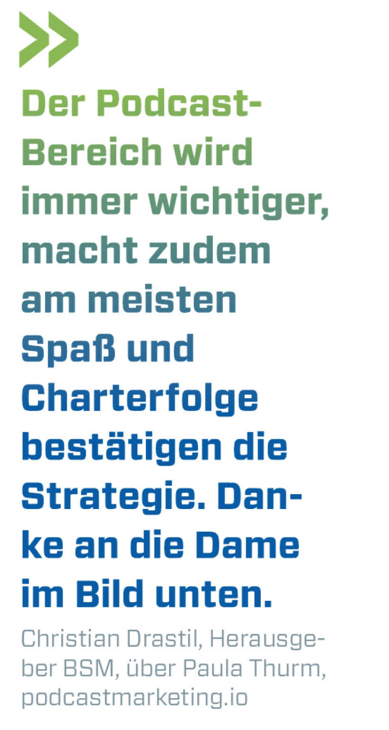 Der Podcast-
Bereich wird immer wichtiger, macht zudem am meisten Spaß und Charterfolge bestätigen die Strategie. Danke an die Dame im Bild unten.
Christian Drastil, Herausgeber BSM, über Paula Thurm, podcastmarketing.io 
