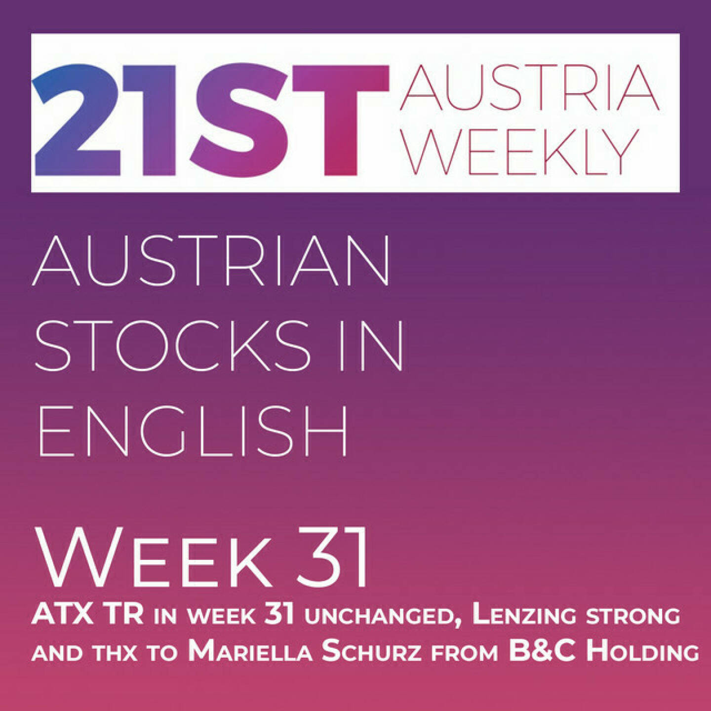 https://open.spotify.com/episode/24spwmrfjiCi0fia04SiY4
Austrian Stocks in English: ATX TR in week 31 unchanged, Lenzing strong and thx to Mariella Schurz from B&C Holding - <p>Welcome to &#34;Austrian Stocks in English - presented by Palfinger&#34;, the new and weekly english spoken Summary for the Austrian Stock Market, positioned every Sunday in the mostly german languaged Podcast &#34;Christian Drastil - Wiener Börse, Sport Musik und mehr&#34; (http://www.christian-drastil.com/podcast).  In week 31 ATX TR performed Bottom Line unchanged, losing 8 points to 6381,66. I have to say thank you to Mariella Schurz, the Managing Director of B&amp;C Holding, the big shareholder in Lenzing, Amag and Semperit. She called us &#34;the pioneers of finance news in Austria&#34;.  Thx for that. Lenzing went 3,14 % up, was one of the best stocks this week.<br/>News came from Erste Group. RHI Magnesita, AT&amp;S, Vienna Airport, RBI, Lenzing, Kontron, voestalpine, CA Immo and Cleen Energy. Spoken by the absolutely smart Allison.</p>