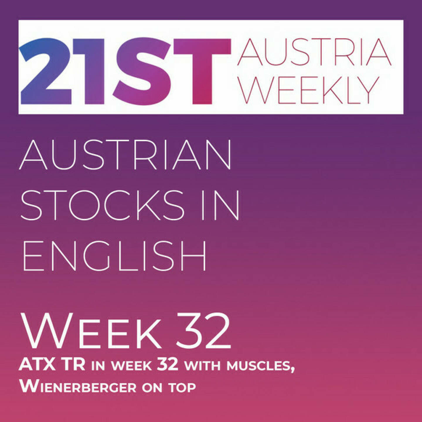 https://open.spotify.com/episode/4qDe1BdQfArWA250j4oiLI
Austrian Stocks in English: ATX TR in week 32 with muscles, Wienerberger on top - <p>Welcome to &#34;Austrian Stocks in English - presented by Palfinger&#34;, the new and weekly english spoken Summary for the Austrian Stock Market, positioned every Sunday in the mostly german languaged Podcast &#34; Christian Drastil - Wiener Börse, Sport Musik und Mehr“ . Week 32 was a very good one.  ATX TR went up 2,1% to 6.515,1 points, it was also a comeback over the moving average 100 of this index. Year-to-date ATX TR is now at  minus 16,99%. <br/>These are the best-performers this week: Wienerberger 10,25% in front of Uniqa 6,33% and Andritz 5,71%. And the following stocks performed worst: Kapsch TrafficCom -2,29% in front of SBO -2,29% and FACC -1,45%. <br/>News came from Andritz (2), CA Immo, A1 Telekom Austria (2), Semperit, Wolford, Kapsch TrafficCom, Vienna Airport, S Immo, Erste Group, Zumtobel, voestalpine and OMV. spoken by the absolutely smart Allison.</p>
