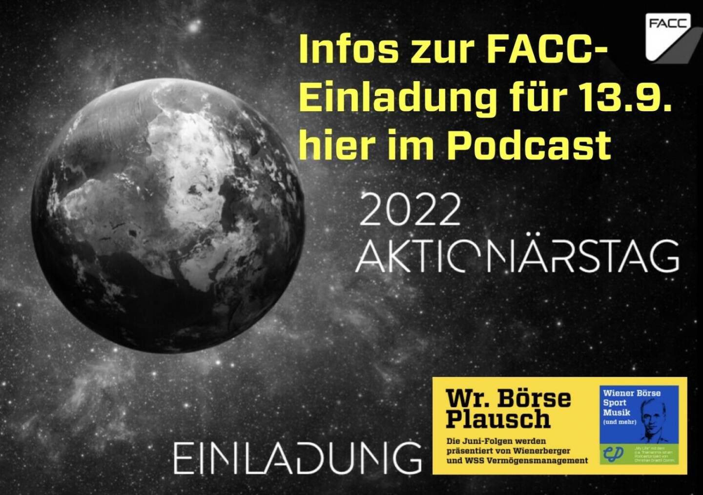 Infos zur FACC-Einladung für 13.9. im Podcast. Mehr in Folge S2/93 der Wiener Börse Pläusche im Rahmen von http://www.christian-drastil.com/podcast .