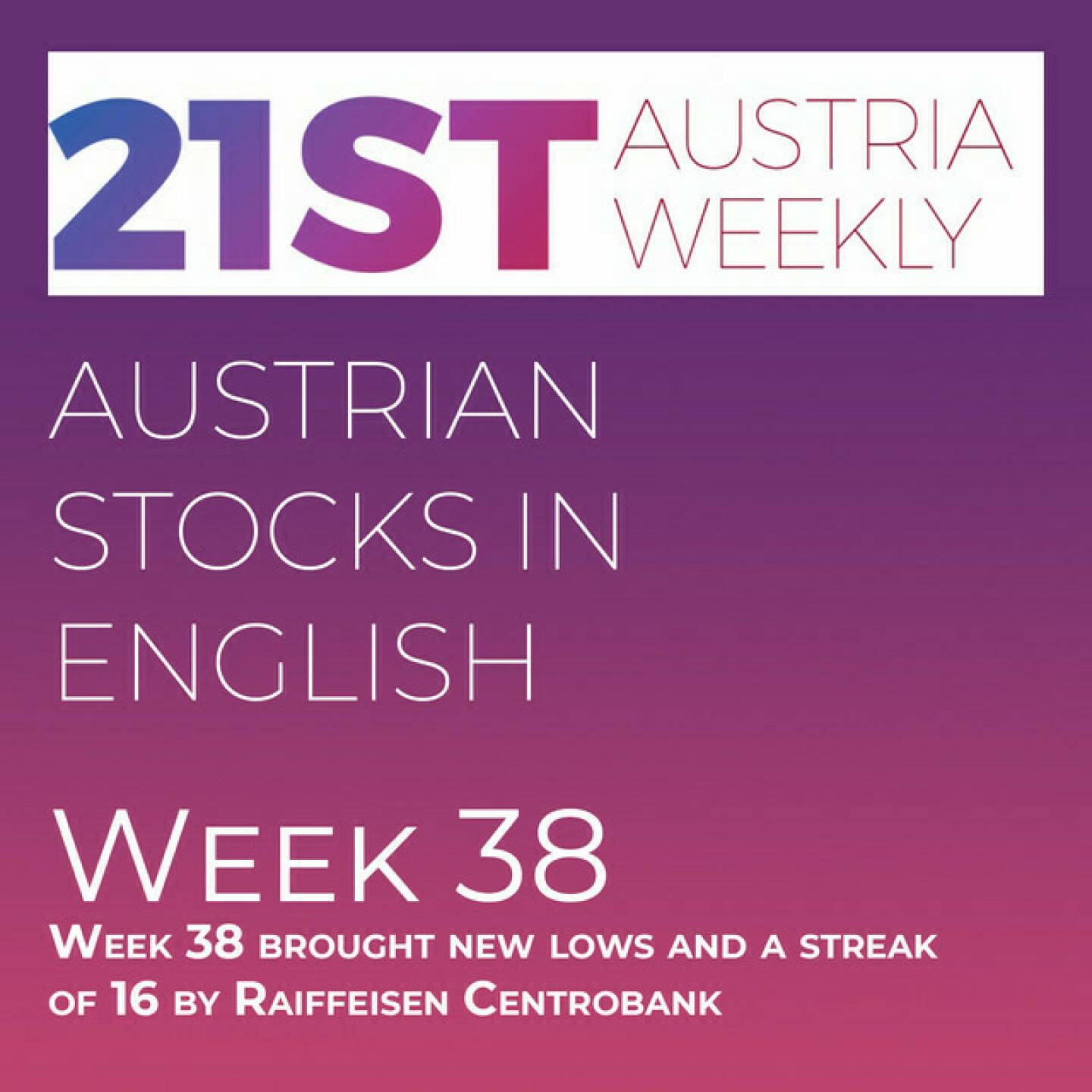 https://open.spotify.com/episode/5K4c6Ro3uNU78T974tL9jA
Austrian Stocks in English: Week 38 brought new lows and a streak of 16 by Raiffeisen Centrobank - <p>Welcome to &#34;Austrian Stocks in English - presented by Palfinger&#34;, the new and weekly english spoken Summary for the Austrian Stock Market, positioned every Sunday in the mostly german languaged Podcast &#34; Christian Drastil - Wiener Börse, Sport Musik und Mehr“  Week 38 was another brutal week for our ATX TR, which lost 6,28 percent and closed on Friday at 5763 points, a new low for 2022.  News came from Frequentis, Pierer Mobility (2), Lenzing, Immofinanz, Andritz, Wienerberger, Agrana, Wolftank and OMV. And: For the 16th time in a row, Raiffeisen Centrobank was the overall winner of the annual Certificates Award Austria. <br/>Next week starts our 13th Stock Market Tournament with the Qualifying, adding our new Partner Amag and Aventa to the Roster.</p>