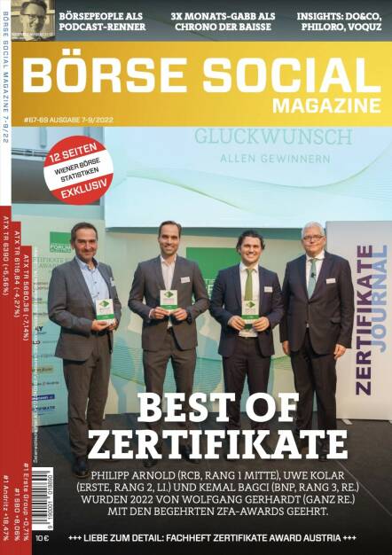 Magazine #67-69 - Best of Zertifikate - Philipp Arnold (RCB, Rang 1 Mitte), Uwe Kolar (Erste, Rang 2, li.) und Kemal Bagci (BNP, Rang 3, Re.) wurden 2022 von Wolfgang Gerhardt (ganz re.) mit den Begehrten ZFA-awards geehrt. (05.10.2022) 