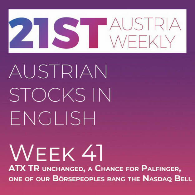https://open.spotify.com/episode/2x62YLaENzSocl72JbbTdw
Austrian Stocks in English: ATX TR unchanged, a Chance for Palfinger,  one of our Börsepeoples rang the Nasdaq Bell - Welcome to &#34;Austrian Stocks in English - presented by Palfinger&#34;, the new and weekly english spoken Summary for the Austrian Stock Market, positioned every Sunday in the mostly german languaged Podcast &#34; Christian Drastil - Wiener Börse, Sport Musik und Mehr“ . In Week 41 we saw a sell off in the first half of the week and a comeback in the second half: ATX TR was finally unchanged at roundabout 5800 points.<br/>These are the best-performers this week: Warimpex 21,21% in front of Frequentis 10% and DO&amp;CO 6,35%. And the following stocks performed worst: SBO -7,02% in front of Lenzing -5,96% and Verbund -5,89%.<br/>And these are the last 8 of our 13th Stock Market Tournament: Uniqa vs. Do&amp;Co, Valneva vs. Mayr-Melnhof, VIG vs. RBI, Telekom Austria vs. Palfinger. In case of winning the whole tournament, Palfinger as a former two-time Winner has the Chance to secure the trophy forever. Watch http://www.boerse-social.com/tournament . And: Tobias Deml, one of our http://www.boersenradio.at/people and filmer of &#34;Gaming Wall Street“, this week rang the Opening Bell for a trading Session at the Nasdaq. News came from Marinomed, OMV, UBM, Strabag, Vienna Airport, Agrana, Mayr-Melnhof and Andritz, spoken by the absolutely smart Allison. (16.10.2022) 