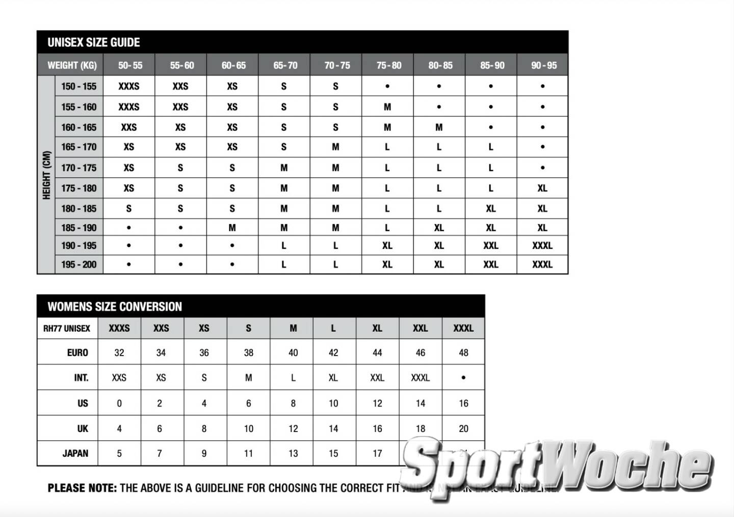 RH77 Katalog für Radsportbekleidung : Unisex Size Guide