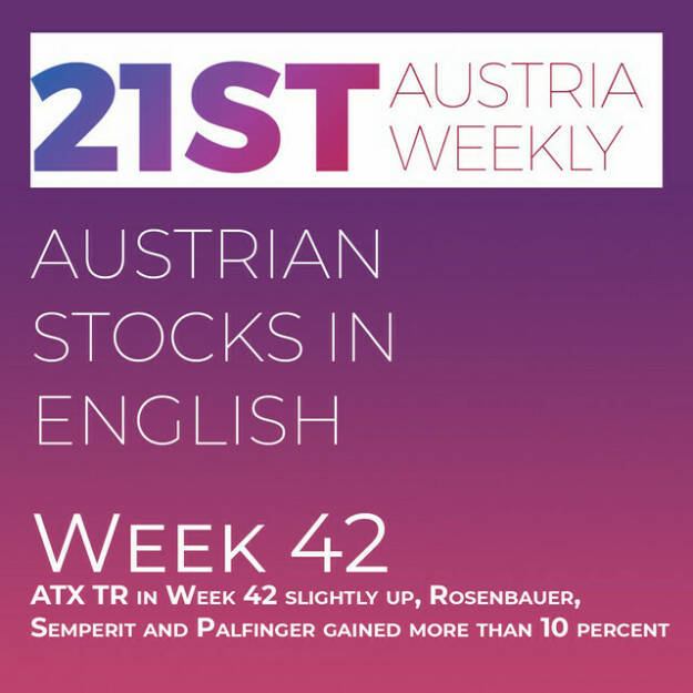 https://open.spotify.com/episode/5LiE3jYo7hytJ4b8uQ0Kl3
Austrian Stocks in English: ATX TR in Week 42 slightly up, Rosenbauer, Semperit and Palfinger gained more than 10 percent - Welcome to &#34;Austrian Stocks in English - presented by Palfinger&#34;, the new and weekly english spoken Summary for the Austrian Stock Market, positioned every Sunday in the mostly german languaged Podcast &#34; Christian Drastil - Wiener Börse, Sport Musik und Mehr“ . My Name is Christian and I will be later on joined by the absolutely smart Allison. In Week 42 ATX TR went slightly up, but remains with a year to date minus of 25 percent clearly under 6000 points. Three stocks went up more than ten percent: Rosenbauer with 13,1% in front of Semperit 12,22% and Palfinger 11,22%.<br/>And the last four of our 13th Stock Market Tournament are four former Champions: Do&amp;Co defeated in the Round of the last 8 Uniqa, Mayr Melnhof def. Valneva, VIG def. RBI an Palfinger def. Telekom Austria. Next week we see semifinals and finals and after that a double champion, if Do&amp;Co, Mayr-Melnhof or VIG come out on top. Or a triple Champion, if Palfinger wins. In this case the trophy goes permanently into the possession of Hannes Roither &amp; Co. Look at http://www.boerse-social.com/tournament . <br/>News came from Wienerberger, Uniqa, A1 Telekom Austria, UBM (2), Bawag, Lenzing and Linz Textil. And these news are spoken by the absolutely smart Allison. <br/>Please rate my Podcast on Apple Podcasts (or Spotify): https://podcasts.apple.com/at/podcast/christian-drastil-wiener-borse-sport-musik-und-mehr-my-life/id1484919130 (23.10.2022) 