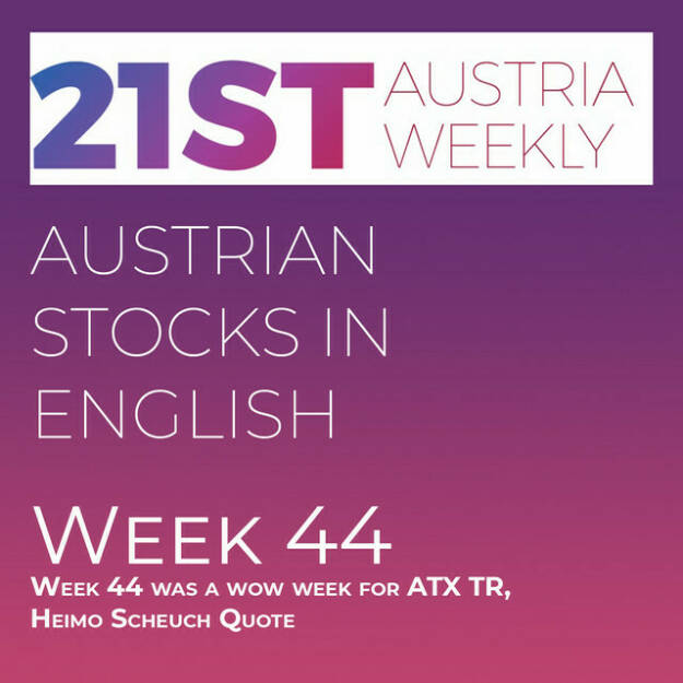 https://open.spotify.com/episode/2lHxQZLqkcV25bDPp7YhfH
Austrian Stocks in English: Week 44 was a wow week for ATX TR, Heimo Scheuch Quote - Welcome to &#34;Austrian Stocks in English - presented by Palfinger&#34;, the new and weekly english spoken Summary for the Austrian Stock Market, positioned every Sunday in the mostly german languaged Podcast &#34; Christian Drastil - Wiener Börse, Sport Musik und Mehr“ . <br/>Week 44 was another wow week for ATX TR, which went up 5.4 percent. On Friday ATX TR climbed nearly 300 Points, the seventh biggest gain in the History of the Index. Lenzing made 17 percent plus and the whole thing only on Friday. Uniqa is now 9 days in a row up and egalized a Bawag row with 9 days, the best series this year so far. Heimo Scheuch, CEO of Wienerberger, did a nice sidestep in his own podcast, which I will feature in the shownotes<br/>News came from CA Immo, OMV, Lenzing, ams Osram, Andritz (3), Immofinanz, Mayr-Melnhof, Verbund, AT&amp;S, RBI, Kontron, Pierer Mobility, Apeiron and Erste Group. And these news are spoken now by the absolutely smart Alison. <br/>Heimo Scheuch: https://audio-cd.at/page/playlist/2676/heimo_scheuch_podcast_episode_#21:_ceo_ask_me_anything__part_2-3_-_culture_and_diversity_at_wienerberger<br/>Please rate my Podcast on Apple Podcasts (or Spotify): https://podcasts.apple.com/at/podcast/christian-drastil-wiener-borse-sport-musik-und-mehr-my-life/id1484919130 . (06.11.2022) 