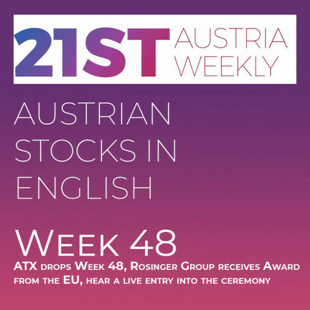 https://open.spotify.com/episode/6mzT7t1ICbIDNxAlUuTWqG
Austrian Stocks in English: ATX drops Week 48, Rosinger Group receives Award from the EU, hear a live entry into the ceremony - Welcome to &#34;Austrian Stocks in English - presented by Palfinger&#34;, the new and weekly english spoken Summary for the Austrian Stock Market, positioned every Sunday in the mostly german languaged Podcast &#34; Christian Drastil - Wiener Börse, Sport Musik und Mehr“ . <br/>After a series of strong weeks ATX TR dropped in week 48 about 1,8 percent. Best Austrian Stocks were Warimpex, Frequentis and Porr. <br/>A longtime Partner of us, Rosinger Group, wins the Special Mention Award form European Commission, Federation of European Securities Exchanges (FESE) and European Issuers. We have a live from entry from the ceremony.<br/>News came from S Immo, Porr, Wolford (2), Agrana, Warimpex, Andritz (3), VIG (2), FACC, Palfinger, Valneva, ams Osram and Kapsch TrafficCom . Spoken now by the absolutely smart Allison. <br/>Please rate my Podcast on Apple Podcasts (or Spotify): https://podcasts.apple.com/at/podcast/christian-drastil-wiener-borse-sport-musik-und-mehr-my-life/id1484919130 . And please spread the word : https://www.boerse-social.com/21staustria - the address to subscribe to the weekly summary as a PDF. (04.12.2022) 