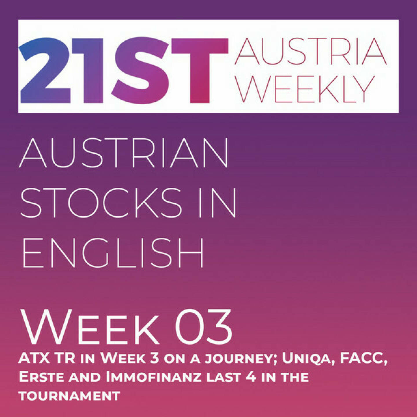 https://open.spotify.com/episode/6MJJlDQw3mjFL6L8i9ftlc
Austrian Stocks in English: ATX TR in Week 3 on a journey; Uniqa, FACC, Erste and Immofinanz last 4 in the tournament - <p>Welcome  to &#34;Austrian Stocks in English - presented by Palfinger&#34;, the english spoken weekly Summary for the Austrian Stock Market,  positioned every Sunday in the mostly german languaged Podcast &#34;Audio-CD.at Indie Podcasts&#34;- Wiener Börse, Sport Musik und Mehr“ . <br/><br/>Week 3 brought the first short journey of the ATX TR over 7000 points since seven Months. At the end of the week we saw profit takings, but ATX TR saved a small weekly plus of 0,22 percent to 6958 points. Best performer was SBO with a gain of 10 percent,  the last four of our 14th stock market tournament are Uniqa, FACC, Erste Group and Immofinanz. And News came from Kontron, Wolftank, Kapsch TrafficCom, Fabasoft, SBO, Andritz, CA Immo, Flughafen Wien and AT&amp;S, spoken by Allison. <br/><br/><a href=http://www.boerse-social.com/tournament target=_blank>http://www.boerse-social.com/tournament</a><br/><br/>Please rate my Podcast on Apple Podcasts (or Spotify): <a href=https://podcasts.apple.com/at/podcast/audio-cd-at-indie-podcasts-wiener-börse-sport-musik-und-mehr/id1484919130 target=_blank>https://podcasts.apple.com/at/podcast/audio-cd-at-indie-podcasts-wiener-börse-sport-musik-und-mehr/id1484919130</a> .And please spread the word : <a href=https://www.boerse-social.com/21staustria target=_blank>https://www.boerse-social.com/21staustria</a> - the address to subscribe to the weekly summary as a PDF.</p>