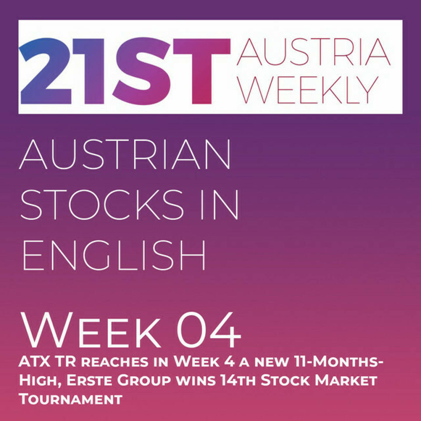 https://open.spotify.com/episode/4lKt90ElclypHY5DfmNnOn
Austrian Stocks in English: ATX TR reaches in Week 4 a new 11-Months-High, Erste Group wins 14th Stock Market Tournament - <p>Welcome  to &#34;Austrian Stocks in English - presented by Palfinger&#34;, the english spoken weekly Summary for the Austrian Stock Market,  positioned every Sunday in the mostly german languaged Podcast &#34;Audio-CD.at Indie Podcasts&#34;- Wiener Börse, Sport Musik und Mehr“ . <br/><br/>This script is based on our 21st Austria weekly and in week 4 we again saw a strong ATX TR, which went 2,28 percent up to 7116,79 points, the highest level since 11 Months. Bestperformers were RHI Magnesita and EVN. The Winner of the 14th Stock Market Tournament was Erste Group, News came from Pierer Mobility, S Immo, Immofinanz, Andritz, Wolftank, Gropyus, Rosenbauer, UBM, Porr, Fabasoft, Zumtobel and Austriacard, spoken by the absolutely smart Alison.<br/><br/><a href=http://www.boerse-social.com/tournament target=_blank>http://www.boerse-social.com/tournament</a><br/><br/>Please rate my Podcast on Apple Podcasts (or Spotify): <a href=https://podcasts.apple.com/at/podcast/audio-cd-at-indie-podcasts-wiener-börse-sport-musik-und-mehr/id1484919130 target=_blank>https://podcasts.apple.com/at/podcast/audio-cd-at-indie-podcasts-wiener-börse-sport-musik-und-mehr/id1484919130</a> .And please spread the word : <a href=https://www.boerse-social.com/21staustria target=_blank>https://www.boerse-social.com/21staustria</a> - the address to subscribe to the weekly summary as a PDF.</p>