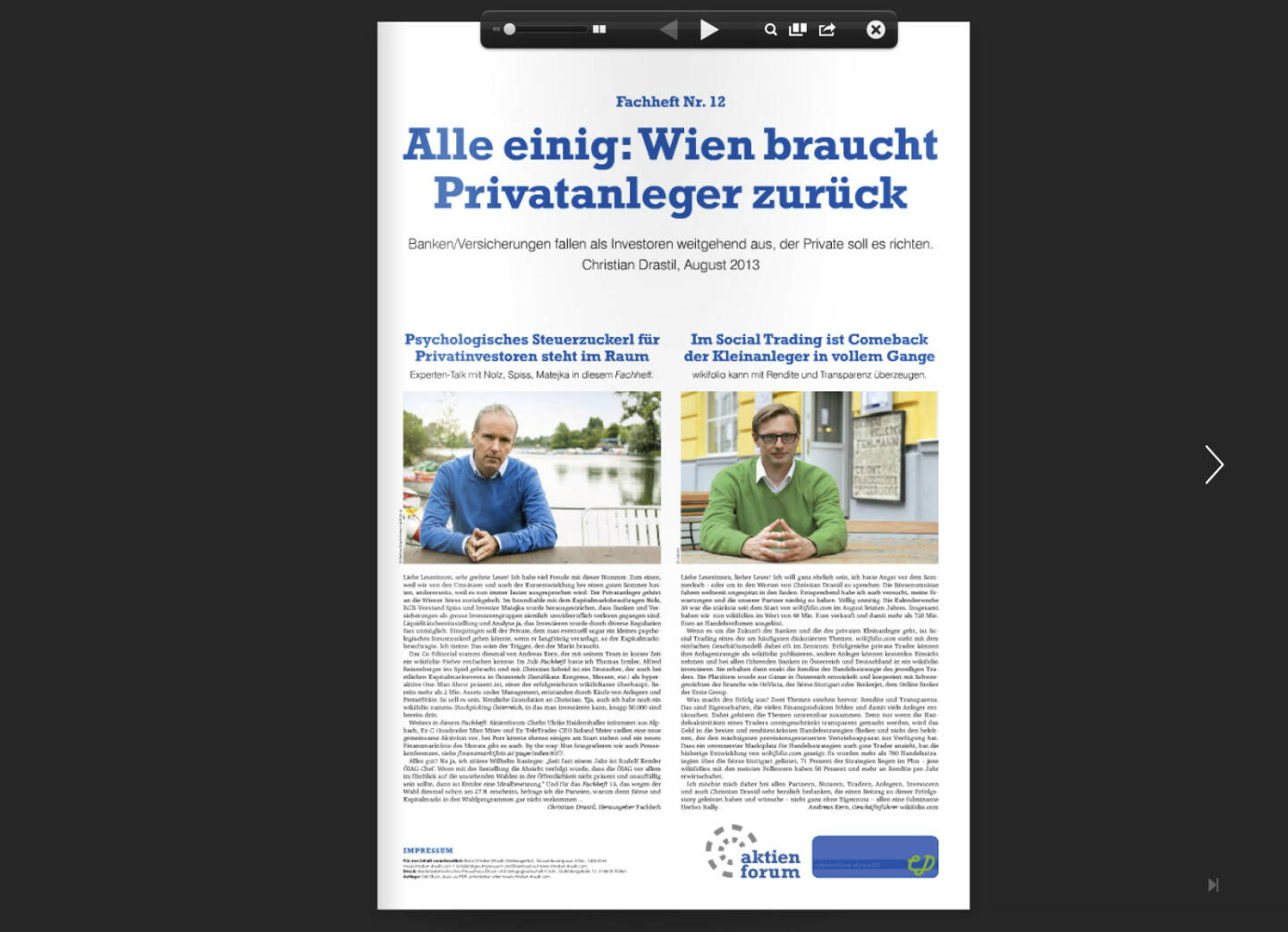 Seite 1: Wien braucht Privatanleger zurück, Editorials von Andreas Kern, wikifolio und Christian Drastil