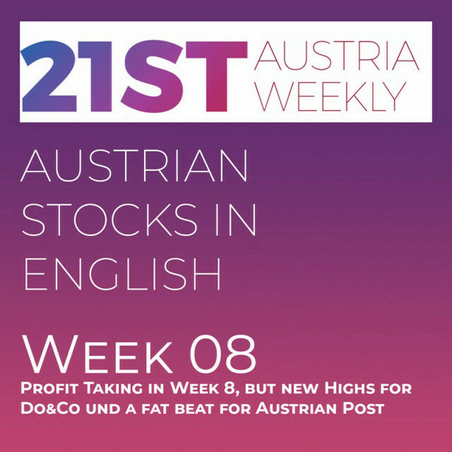 https://open.spotify.com/episode/0HdcAgZ1Tcej3QfADgwxUU
Austrian Stocks in English: Profit Taking in Week 8, but new Highs for Do&Co und a fat beat for Austrian Post - <p>Welcome  to &#34;Austrian Stocks in English - presented by Palfinger&#34;, the english spoken weekly Summary for the Austrian Stock Market,  positioned every Sunday in the mostly german languaged Podcast &#34;Audio-CD.at Indie Podcasts&#34;- Wiener Börse, Sport Musik und Mehr“ .<br/><br/>The following script is based on our 21st Austria weekly and in Week 8 we saw profit takings in the ATX TR, which lost 1,15 percent to 7295 points, but also Do&amp;Co setting new All-time-Highs and voestalpine vs. Andritz in a breathtaking battle for a ATXFive-Membership after March settlement, the Decision will be made next week. News came from Lenzing, Andritz (5), Valneva, UBM, Frequentis, EVN, Wienerberger, Kapsch TrafficCom, FACC, VIG, Palfinger, CA Immo, Uniqa, Andritz, S Immo and Immofinanz. <br/><br/>And: Austrian Post launched a great Soundlogo, which you can hear as the background beat after the Intro.<br/><br/>Please rate my Podcast on Apple Podcasts (or Spotify): <a href=https://podcasts.apple.com/at/podcast/audio-cd-at-indie-podcasts-wiener-boerse-sport-musik-und-mehr/id1484919130 target=_blank>https://podcasts.apple.com/at/podcast/audio-cd-at-indie-podcasts-wiener-boerse-sport-musik-und-mehr/id1484919130</a> .And please spread the word : <a href=https://www.boerse-social.com/21staustria target=_blank>https://www.boerse-social.com/21staustria</a> - the address to subscribe to the weekly summary as a PDF.</p>