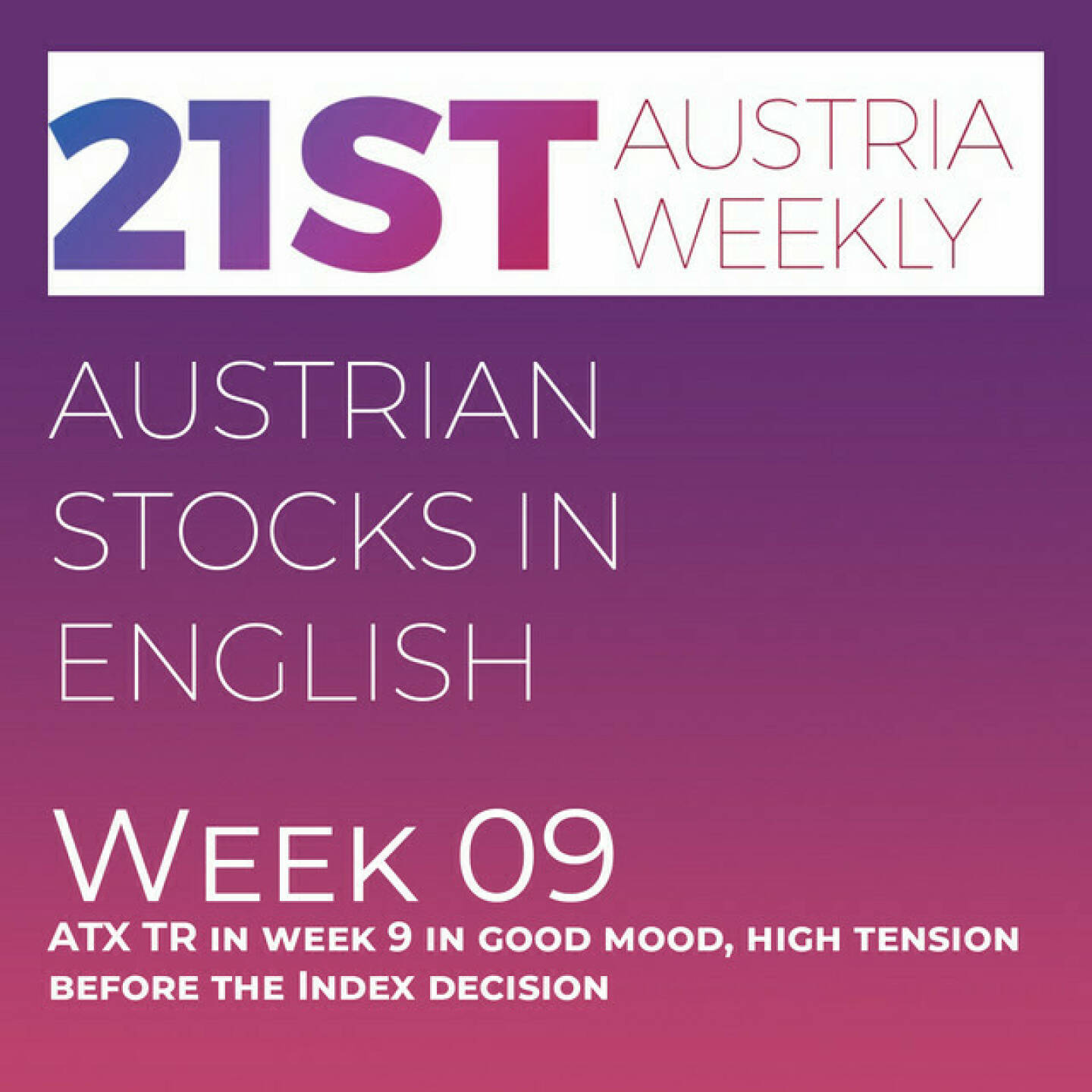 https://open.spotify.com/episode/5MKdw5N1IorNF9L5ATfNEw
Austrian Stocks in English: ATX TR in week 9 in good mood, high tension before the Index decision - <p>Welcome  to "Austrian Stocks in English - presented by Palfinger", the english spoken weekly Summary for the Austrian Stock Market,  positioned every Sunday in the mostly german languaged Podcast "Audio-CD.at Indie Podcasts"- Wiener B&ouml;rse, Sport Musik und Mehr&ldquo; .<br/><br/>The following script is based on our 21st Austria weekly and in Week 9 we saw another good week for the Austrian Stock Market, ATX TR gained 2,43 percent.  <br/><br/>Based on the February ATX watchlist, Erste Group mentioned that S Immo could eventually replace Strabag in the ATX as it has surpassed Strabag by trading volume and also again lists among the top 25 Austrian companies in terms of free float market cap. <br/><br/>For the ATX five Erste Group does not expect any change, as voestalpine surpassed Andritz only by a tiny margin based on the average free float market cap for February.  voestalpine finished January and also February as the best performing Member in the ATX. <br/><br/>News came from Wienerberger, RHI Magnesita, OMV, Erste Group, Porr, Vienna Airport, ams Osram, Semperit, Uniqa, Valneva and UBM, spoken by the absolutely smart Alison.&nbsp;<br/><br/>Please rate my Podcast on Apple Podcasts (or Spotify): <a href=https://podcasts.apple.com/at/podcast/audio-cd-at-indie-podcasts-wiener-boerse-sport-musik-und-mehr/id1484919130 target=_blank>https://podcasts.apple.com/at/podcast/audio-cd-at-indie-podcasts-wiener-boerse-sport-musik-und-mehr/id1484919130</a> .And please spread the word : <a href=https://www.boerse-social.com/21staustria target=_blank>https://www.boerse-social.com/21staustria</a> - the address to subscribe to the weekly summary as a PDF.</p>