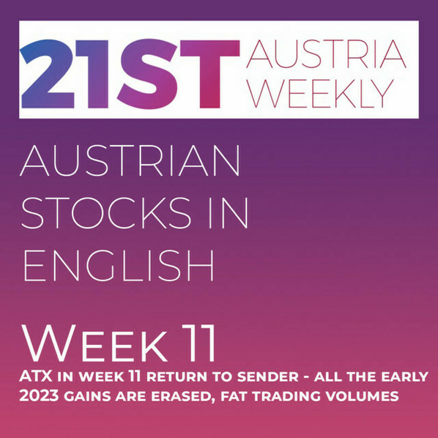 https://open.spotify.com/episode/1h7dLR2rd6G90HH56KZnqH
Austrian Stocks in English: ATX in week 11 return to sender - all the early 2023 gains are erased, fat trading volumes - <p>Welcome  to &#34;Austrian Stocks in English - presented by Palfinger&#34;, the english spoken weekly Summary for the Austrian Stock Market,  positioned every Sunday in the mostly german languaged Podcast &#34;Audio-CD.at Indie Podcasts&#34;- Wiener Börse, Sport Musik und Mehr“ .<br/><br/>The following script is based on our 21st Austria weekly.  With a loss of 9,32 percent ATX in week 11 went return to sender when it comes to year to date performance, all the early gaines of the year are erased now. Bawag fell 17 percent, Erste Group 13 percent and OMV 11 percent. We saw a fat trading volume: On Wednesday and Thursday we had 480 and on Friday, the settlement day for March, 620 Million Euros.<br/><br/>News came from Andritz, Mayr-Melnhof (2), Marinomed, Palfinger, Vienna Insurance Group, Austrian Post, Verbund, SBO, AT&amp;S, Wolftank and FACC, spoken by the smart Alison.  <br/><br/>Please rate my Podcast on Apple Podcasts (or Spotify): <a href=https://podcasts.apple.com/at/podcast/audio-cd-at-indie-podcasts-wiener-boerse-sport-musik-und-mehr/id1484919130 target=_blank>https://podcasts.apple.com/at/podcast/audio-cd-at-indie-podcasts-wiener-boerse-sport-musik-und-mehr/id1484919130</a> .And please spread the word : <a href=https://www.boerse-social.com/21staustria target=_blank>https://www.boerse-social.com/21staustria</a> - the address to subscribe to the weekly summary as a PDF.</p>