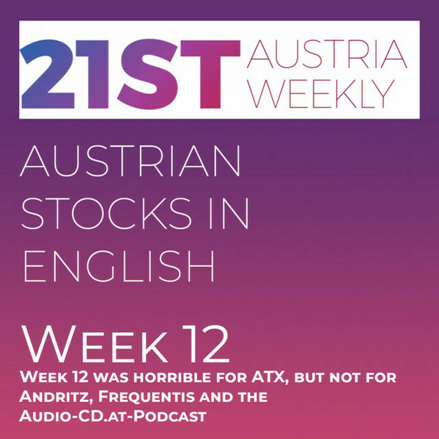 https://open.spotify.com/episode/3Zz43r1BJoSofVof34ugeo
Austrian Stocks in English: Week 12 was horrible for ATX, but not for Andritz, Frequentis and the Audio-CD.at-Podcast - <p>Welcome  to &#34;Austrian Stocks in English - presented by Palfinger&#34;, the english spoken weekly Summary for the Austrian Stock Market,  positioned every Sunday in the mostly german languaged Podcast &#34;Audio-CD.at Indie Podcasts&#34;- Wiener Börse, Sport Musik und Mehr“ .<br/><br/>The following script is based on our 21st Austria weekly and in Week 12 ATX TR turned into negative area when it comes to year to date performance. This weeks loss of 3,2 percent is also the new year to date status. Bawag, Raiffeisen and AT&amp;S performend worst this week, while Andritz and Frequentis could set new all time highs. Also this Podcast reached No.1 Position in Apple Podcast Charts Austria Investing.<br/><br/>News came from S Immo, Andritz, Pierer Mobility, CA Immo (2), Semperit, Andritz, voestalpine, Strabag and Newcomer Austriacard., spoken by the absolutely smart Alison.<br/><br/>Please rate my Podcast on Apple Podcasts (or Spotify): <a href=https://podcasts.apple.com/at/podcast/audio-cd-at-indie-podcasts-wiener-boerse-sport-musik-und-mehr/id1484919130 target=_blank>https://podcasts.apple.com/at/podcast/audio-cd-at-indie-podcasts-wiener-boerse-sport-musik-und-mehr/id1484919130</a> .And please spread the word : <a href=https://www.boerse-social.com/21staustria target=_blank>https://www.boerse-social.com/21staustria</a> - the address to subscribe to the weekly summary as a PDF.</p>