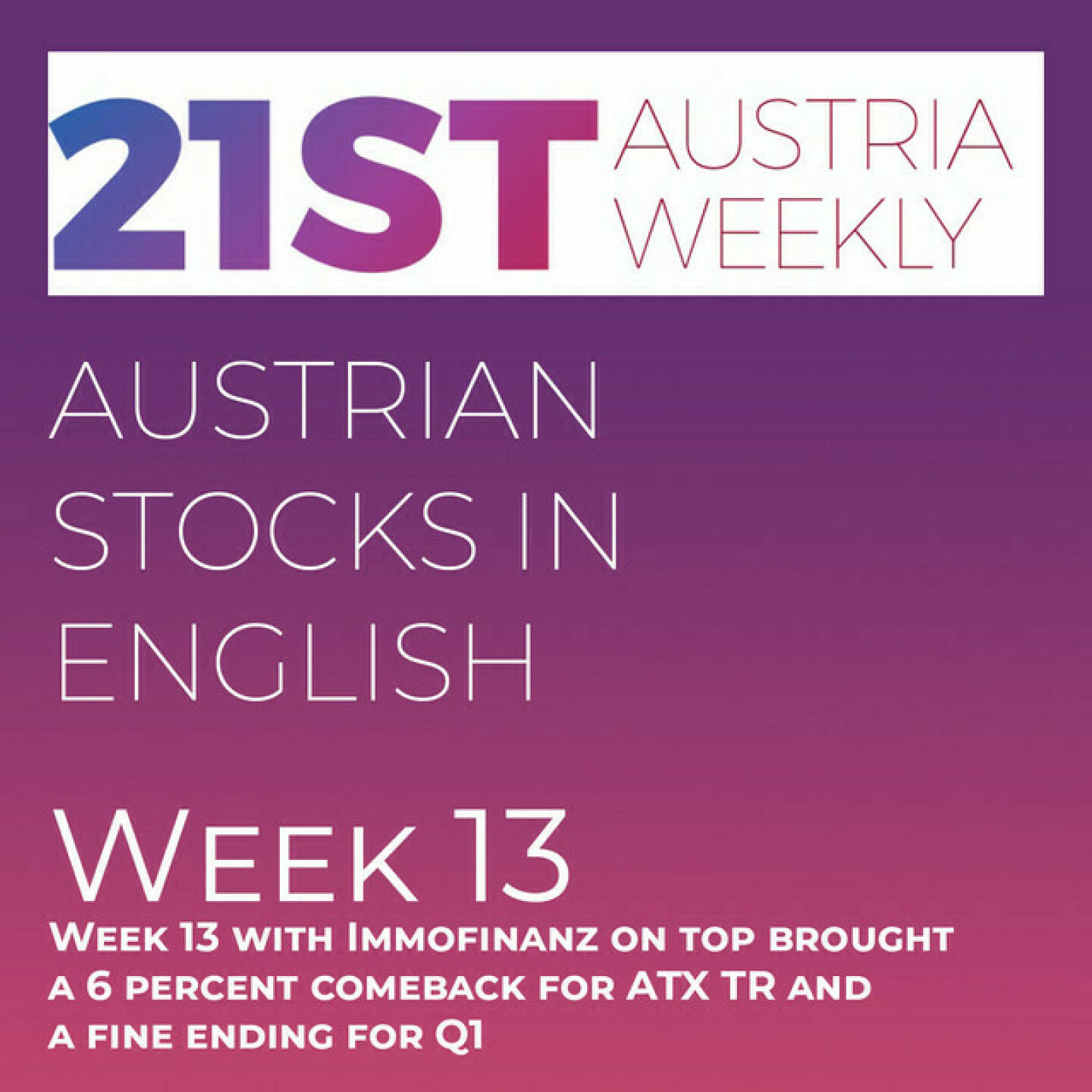 https://open.spotify.com/episode/5cQsfkvmFby5XTccGzyJe4
Austrian Stocks in English: Week 13 with Immofinanz on top brought a 6 percent comeback for ATX TR and a fine ending for Q1 - <p>Welcome  to &#34;Austrian Stocks in English - presented by Palfinger&#34;, the english spoken weekly Summary for the Austrian Stock Market,  positioned every Sunday in the mostly german languaged Podcast &#34;Audio-CD.at Indie Podcasts&#34;- Wiener Börse, Sport Musik und Mehr“ .<br/><br/>The following script is based on our 21st Austria weekly and in Week 13 we saw a fine comeback week for ATX TR, which gained 6,43 percent. This turns the year to date performance from minus 3 percent last week to plus 3 percent now at the end of the first quarter 2023. Immofinanz shares went nearly 20 percent up. News came from Agrana, Austriacard, Pierer Mobility, Kontron, FACC, Porr, Immofinanz, Wienerberger, S Immo and ams Osram, spoken by the absolutely smart Alison.<br/><br/>Please rate my Podcast on Apple Podcasts (or Spotify): <a href=https://podcasts.apple.com/at/podcast/audio-cd-at-indie-podcasts-wiener-boerse-sport-musik-und-mehr/id1484919130 target=_blank>https://podcasts.apple.com/at/podcast/audio-cd-at-indie-podcasts-wiener-boerse-sport-musik-und-mehr/id1484919130</a> .And please spread the word : <a href=https://www.boerse-social.com/21staustria target=_blank>https://www.boerse-social.com/21staustria</a> - the address to subscribe to the weekly summary as a PDF.</p>